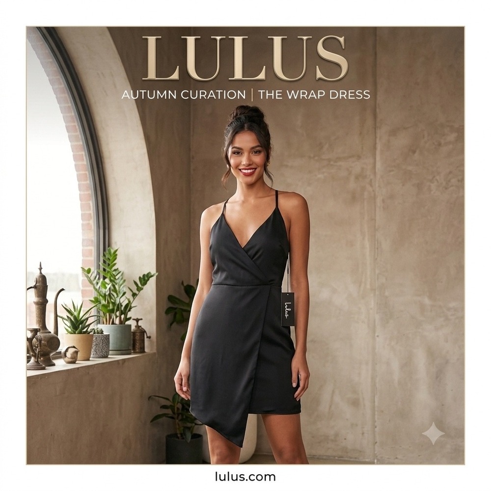 Lulus Black Wrap Mini Dress Surplice Neck Satin Finish Cocktail Party Size M NWT